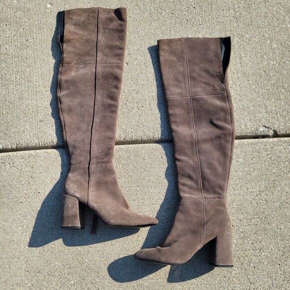 TAUPE SUEDE Leather Over the Knee Block Heel Boots Sz 38 TopShop Thigh High - Picture 1 of 10
